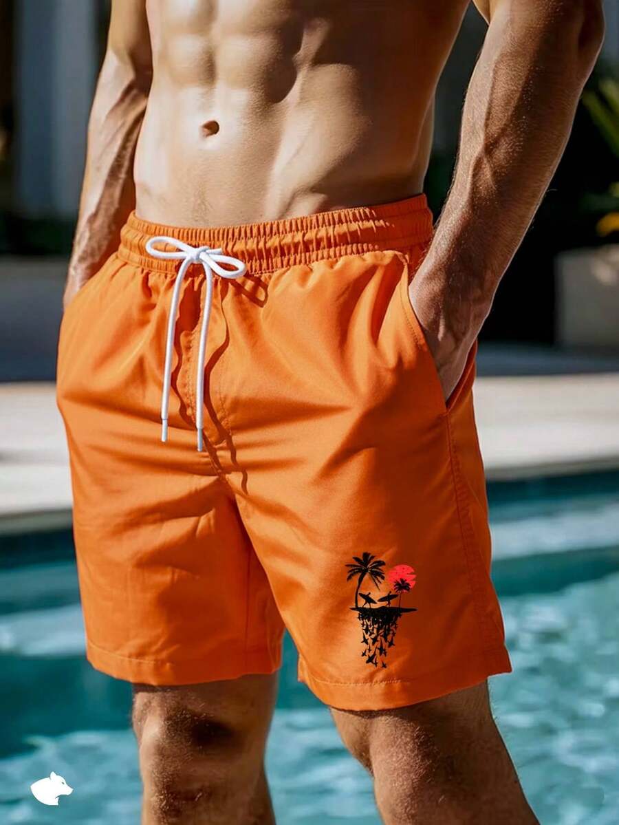 Short Praia Masculino Tactel "PRAIA DE TUBARÕES COM SURFISTAS" Bermuda Verão Rápida Secagem Confortável Estilo Mauricinho - Laranja - Visão 1