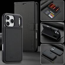 OUKNOEO Magnetic Wireless Charging Faux Leather Case Compatible With IPhone 17 Air 16e 15 14 13 Pro Max S26 S25 Edge S24 UItra Plus A16 A17 A36 A56 A37 A57 With Flip 4 Card Slot Anti-Theft Brush Wallet With Short Lanyard - Black - View 1