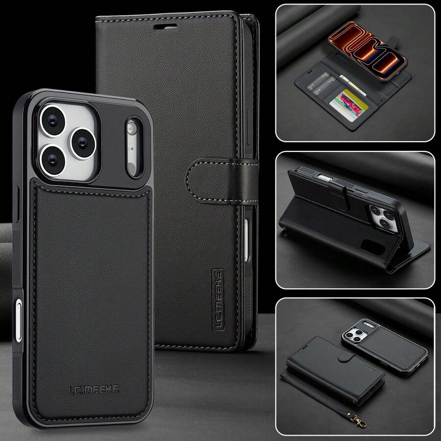 OUKNOEO Magnetic Wireless Charging Faux Leather Case Compatible With IPhone 17 Air 16e 15 14 13 Pro Max S26 S25 Edge S24 UItra Plus A16 A17 A36 A56 A37 A57 With Flip 4 Card Slot Anti-Theft Brush Wallet With Short Lanyard - Black - View 1