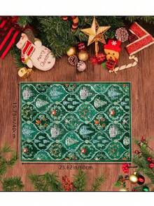 1pc Christmas Tree, Santa Claus And Reindeer Pattern Beige Carpet, Non-Slip And Washable, Suitable For Living Room, Bedroom, Hallway, Indoor And Outdoor Use, Easy To Create Warm Christmas Home And Room Decor - Green - View 4