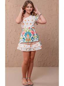 Girls' One-Shoulder Floral Print Romper With Ruffle - Modern, Stylish, Elegant And Comfortable Teen Clothing - Lilithor Kids Teen Fashion In Exclusive Prints White With Orange - Tropical Hibiscus And Beige - Enchanted Garden - Sizes 10, 12, 14 And 16 Years - Timeless Teen Girls' Short Romper For Spring And Summer - Sophisticated Youthful Look That Combines Beauty, Style, Charm And Freedom Of Movement - Ideal As Teen Clothing For Parties, Outings, Trips, Get-Togethers, Meetings With Friends, Family Events, Birthdays, Children's Day, Christmas, New Year's Eve And Special Moments - Lilithor Kids Floral Print Romper With Exclusive Design, Superior Comfort And Quality Finish - Modern, Chic And Charming Gift For Teens Who Love Youth Casual Fashion And Stylish Everyday Clothes - Trắng và Cam - Xem 3