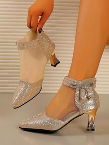 女士水钻装饰高跟鞋，透气网眼短靴，时尚春秋短靴，高跟靴，派对婚礼尖头高跟鞋