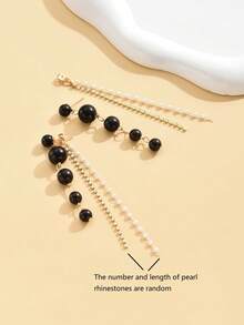 1 Pair Of French Retro Simple Faux Pearls And Rhinestone Long Tassel Earrings, Feminine Earrings And Earrings, Party Gifts - Black - View 5