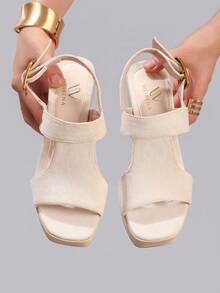 女士厚底坡跟高跟露趾凉鞋，优雅防水粗跟休闲拖鞋，日常时尚绒面杏色鞋 - 杏色 - 查看 9