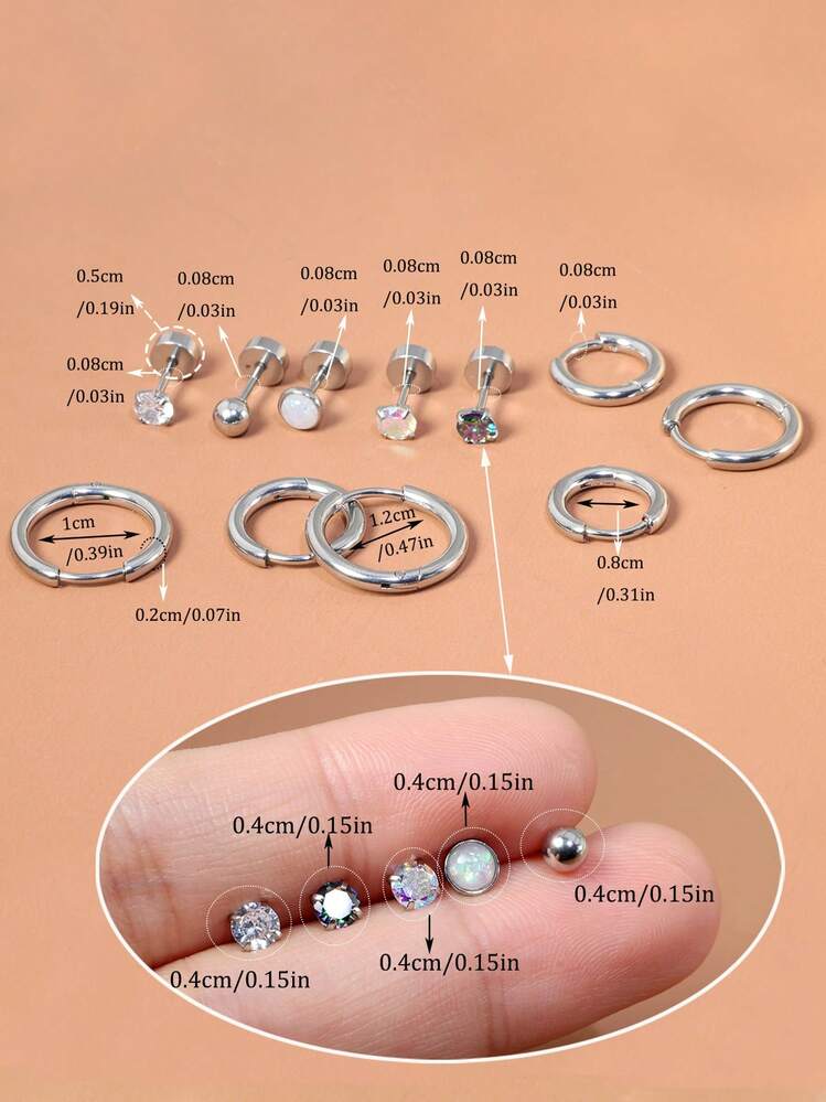 8对钛钢耳环，适合敏感耳，低过敏性，20G不锈钢耳钉，男女通用，18K镀金小蛋白石球形CZ平底耳环，耳骨耳环，耳钉，生日礼物，约会之夜及日常佩戴饰品 - 5+3耳環耳環套裝 - 查看 4