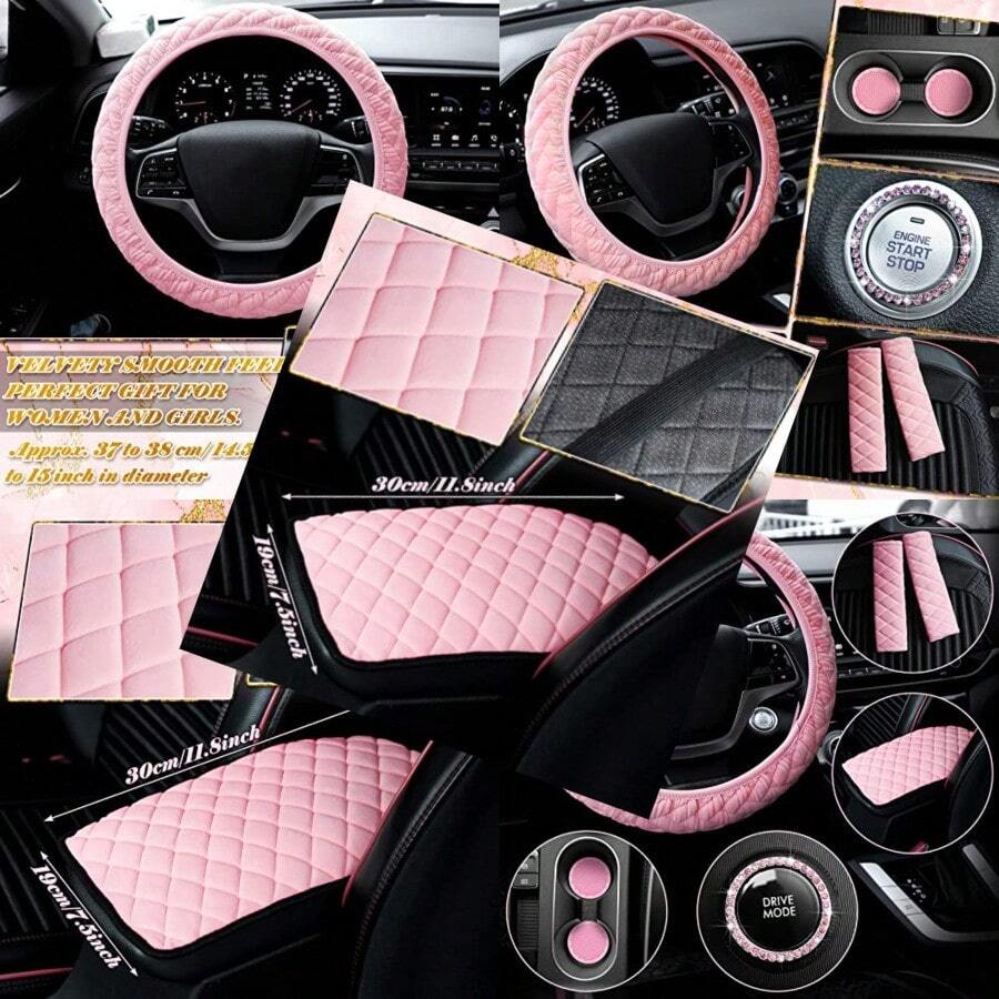 Tallew 8 Pcs Pink Cute Car Accessories Set Includes Steering Wheel Cover 2 Seat Belt Shoulder Pad Auto Center Console Pad 2 Cup Holders 2 Bling Start Button Ring Sticker Gift For Girl Women New Driver - 粉色 - 查看 1