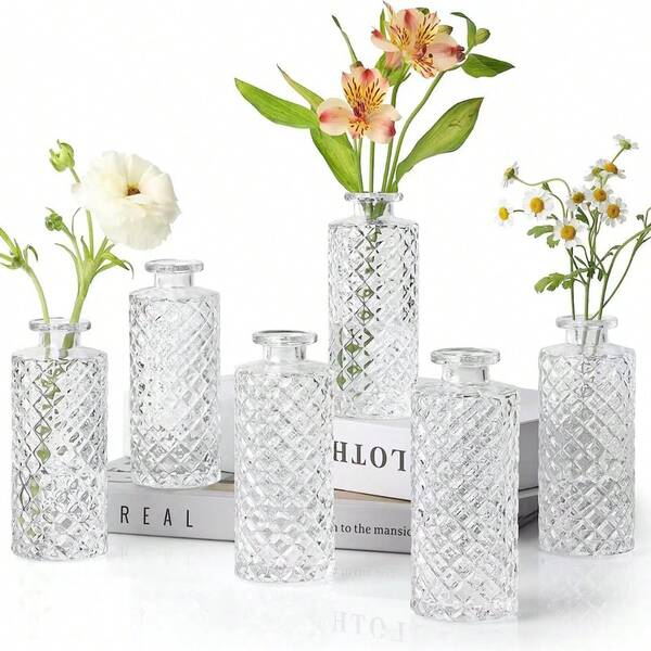 6pcs Transparent Diamond Shaped Mini Vases, Ins Style High-Quality Glass Flower Vases For Floral Decoration, Suitable For Living Room, Dining Room, Bedroom, Valentine's Day, Wedding