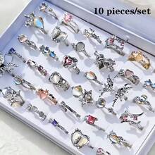 10 件套奢华玻璃镶嵌合金女士戒指套装，可爱优雅的蝴蝶结，心形混合款式，可打开戒指，适合派对、婚礼、日常佩戴、时尚珠宝、最佳礼物，随机搭配 - 10個隨機玻璃戒指 - 查看 16