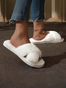 1 Pair Of Women's Suede Cross Slippers, Soft And Lightweight Indoor Home Shoes, Silent Carpet Slippers - trắng - Xem 2