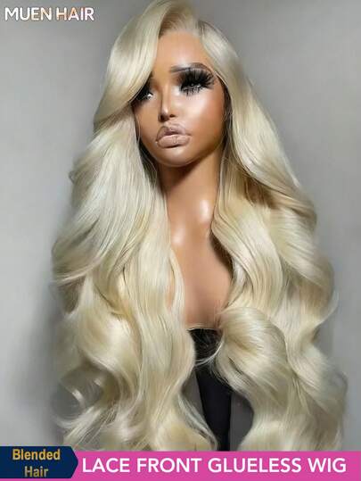 200% 密度 #613 金色时尚颜色 13x4 正面蕾丝假发 34 英寸波浪 200% 密度高清蕾丝前部假发 预拔鲍勃假发 女士