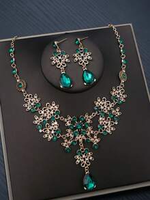 1 Set Luxus Goldplattierter Schmuck, smaragdfarbener Kristall, Blumenmuster, geeignet für Hochzeiten und formelle Anlässe