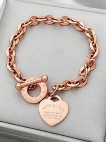 1pc Women's Stainless Steel Classic Heart Engraved OT Clasp Lip Chain Titanium Rose Gold Bracelet, Suitable For Daily And Holiday Wear, Gift - Rose Gold - View 2