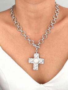 Hammered Bold Cross Necklace Thick Chain Set For Women Men Chunky Golden Silvery Statement Pendant Necklace Vintage Chain Pendant Jewelry - Silver - View 13