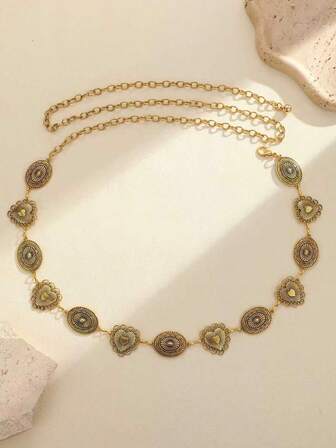 1 pieza Cadena de cintura con forma de corazón ovalado de metal, cadena de cintura de color dorado vintage, accesorio de cintura de estilo bohemio, cadena corporal con patrón de corazón, cadena de cintura de vestido versátil de moda, joyería corporal, cadena de cintura accesorio navideño, cinturón nupcial, adecuado para primavera, verano, otoño e invierno