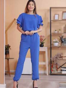 Women's Two-Sleeved Ruffled Shirt And Cropped Pants - 寶藍色 - 查看 1