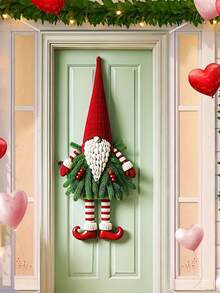 1 Decoración navideña de enano festivo para puerta, corona de puerta de poliéster con base a rayas rojas, sin necesidad de electricidad, decoración de pared festiva