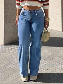 Women's Pocket Straight Tube Loose Casual Versatile Jeans - Medium Wash - View 3