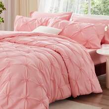 Pink King Size Comforter Set - 3 Pieces Boho Pintuck Lightweight Soft & Warm Bedding Set With 2 Pillowcases For All Season,  Design - 粉色 - 查看 2