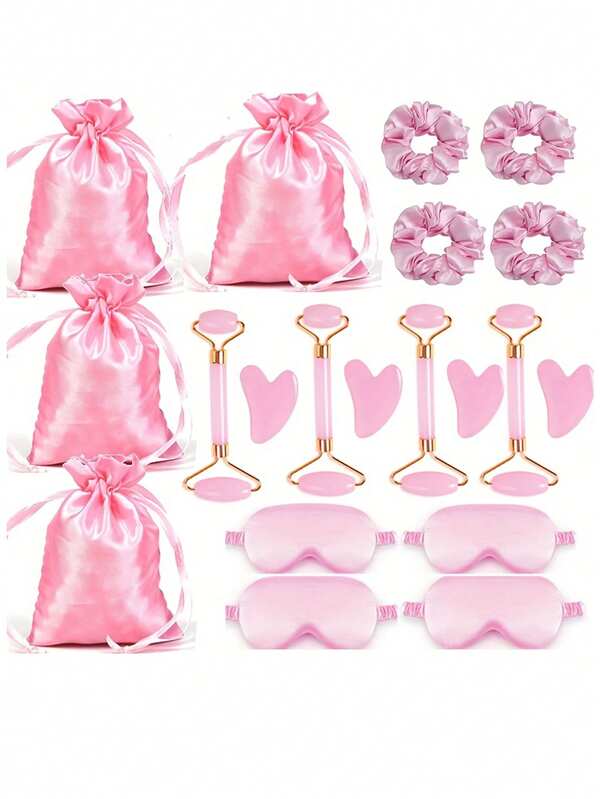 20 piezas/4 sets El set de regalo de herramientas de peinado sedoso, que incluye una máscara de dormir sedosa, un masajeador facial femenino, una diadema y una bolsa de regalo sedosa, es perfecto para fiestas de damas, obsequios de boda, obsequios del Día de la Madre, regalos navideños, aniversarios, regalos de cumpleaños y suministros para fiestas.