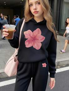 2件套女童碎花印花保暖连帽衫和裤子套装，秋冬季儿童保暖长袖卫衣和裤子，柔软舒适的少女连帽套装，展现她们的个性 - 黑色 - 查看 6