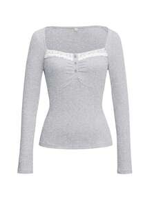 Y2K Stil Damen Langarm Fitted Top in Braun, Kontrast Spitze am quadratischen Kragen, süßer, minimalistischer Campus-Stil für Sommer und Frühling - Blume grau - Übersicht 4