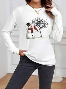 Christmas Outfit WomenWomen Royal Blue Snowman Print Winter Sweater Effect Top - 100% Casual Crew Neck Long Sleeve Shirt, Machine Washable All Season Shirt With Asymmetric Hem And Snowman Pattern (Refreshing Autumn/Spring/Summer Wear) - Christmas Party Fit, Daily Winter Wear, Loose Fit With Slight Elasticity, Pullover Style, No Padding, Regular Fit Suitable For Layering, Women's Winter ClothingLoose And Comfortablewinter Clothes For Women - trắng - Xem 7