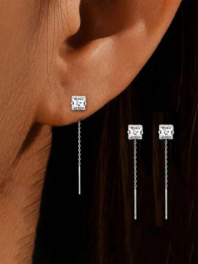 زوج من أقراط الفضة الإسترليني عيار 925 المرصعة بالزركونيا المربعة، أقراط شرابة فاخرة بسيطة، أقراط مربعة أنيقة، هدية مجوهرات حلوة