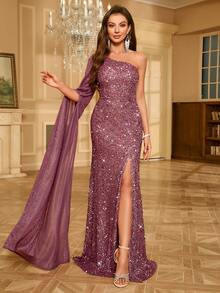 UNITHORSE 亮片缀饰不对称肩部开衩袖连衣裙 - 藕粉色 - 查看 3