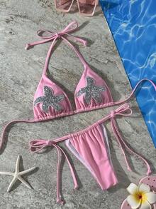 Set bikini roz, sexy și dulce, 3 piese - top triunghiular cu decor în stele și fustă de dantelă cu model floral | Costume de baie pentru femei, potrivite pentru petreceri pe plajă și la piscină, vacanță, vară - Roz - Vizualizare 3
