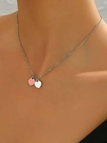 1pc Fashionable Double Heart Pendant Necklace - Double Heart + Pink Necklace - View 8