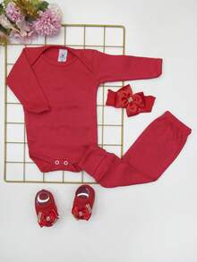 4 Piece Set Long Sleeve Bodysuit With Booties, Hairband And Ribbed Knit Pants / Baby Girl Set With Booties And Red Hair Bow - Red - View 1