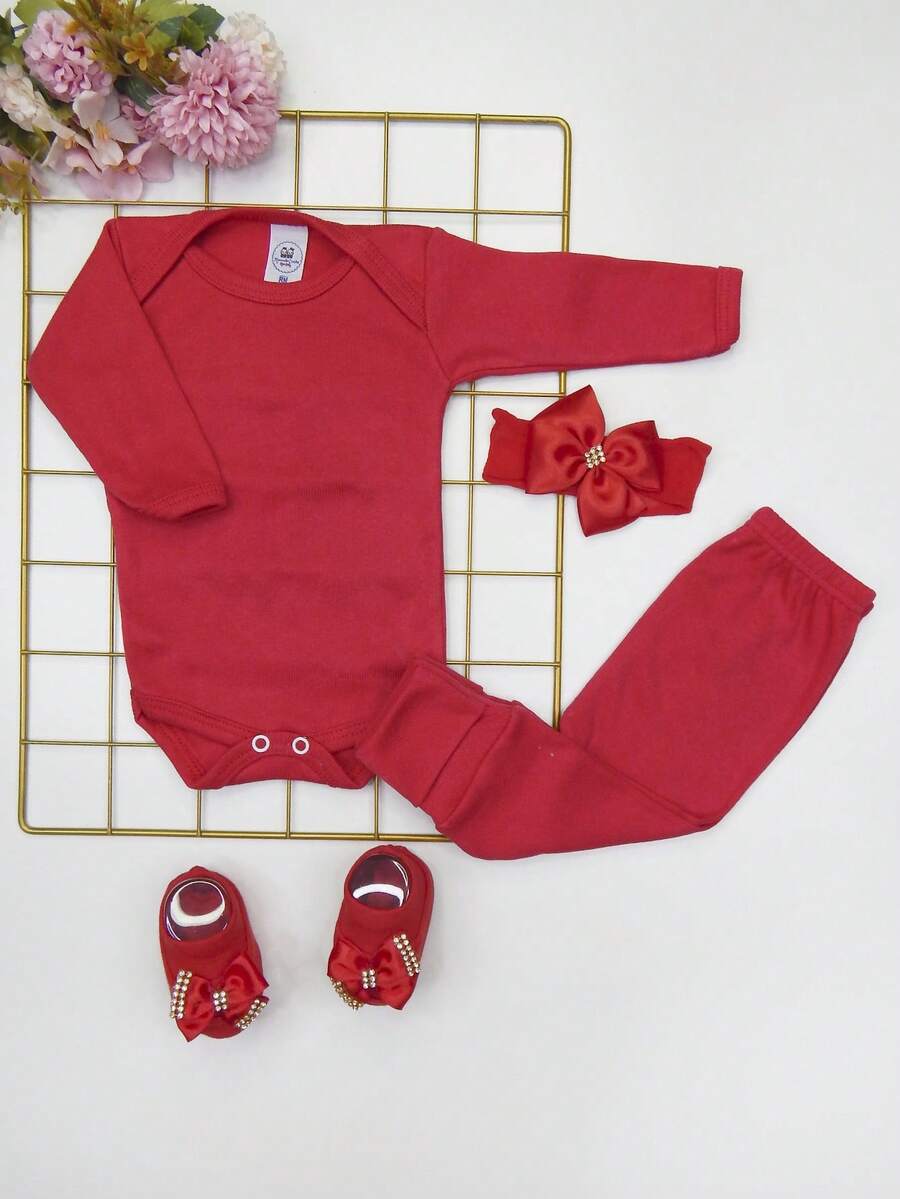4 Piece Set Long Sleeve Bodysuit With Booties, Hairband And Ribbed Knit Pants / Baby Girl Set With Booties And Red Hair Bow - Red - View 1