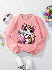 1 件女孩甜美可爱风格卡通豹纹猫印花圆领运动衫，柔软舒适，春秋季日常校服 - 粉色 - 查看 2