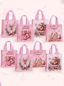 4/8 pièces Sacs fourrés roses de Noël avec poignées, motif de Père Noël, d'élan et de cloche, sacs cadeaux réutilisables, sacs de courses, sacs non tissés, sacs de faveurs de fête, décorations de Noël festives pour la maison, cadeaux de Noël 2025, emballages de Nouvel An 2026 (quatre motifs)