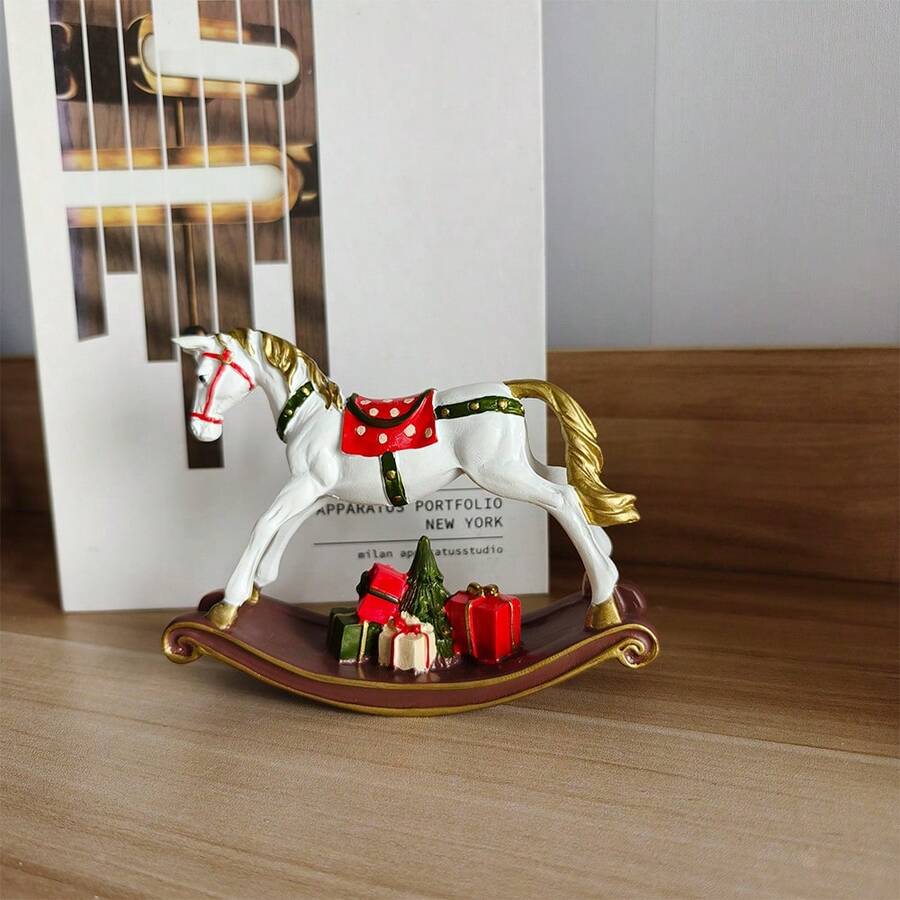 1pc Resin Christmas Rocking Horse Desktop Decor, Suitable For Home And Outdoor Garden, Great For Holiday And Thanksgiving Celebrations - Red and White - View 1