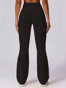 Women's Solid Color Butt Lifting Tight Pants, High Waist Fitness Leggings, Flared Sports Leggings - Black - View 2