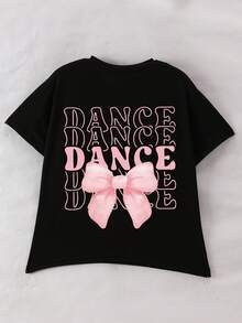 女童蝴蝶结标语印花圆领短袖T恤，春夏休闲T恤