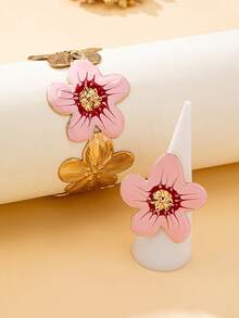 2 件套女士首饰套装，可调节彩色花朵手镯和戒指波西米亚风格，适合日常佩戴 - 粉色 - 查看 2