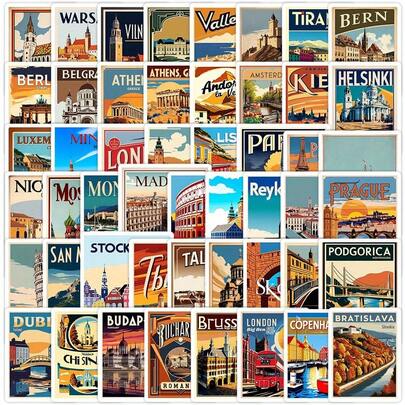 50pcs Europe Travel Themed Cartoon Stickers, Vinyl Decals For Luggage, Guitar, Car, Skateboard, Notebook