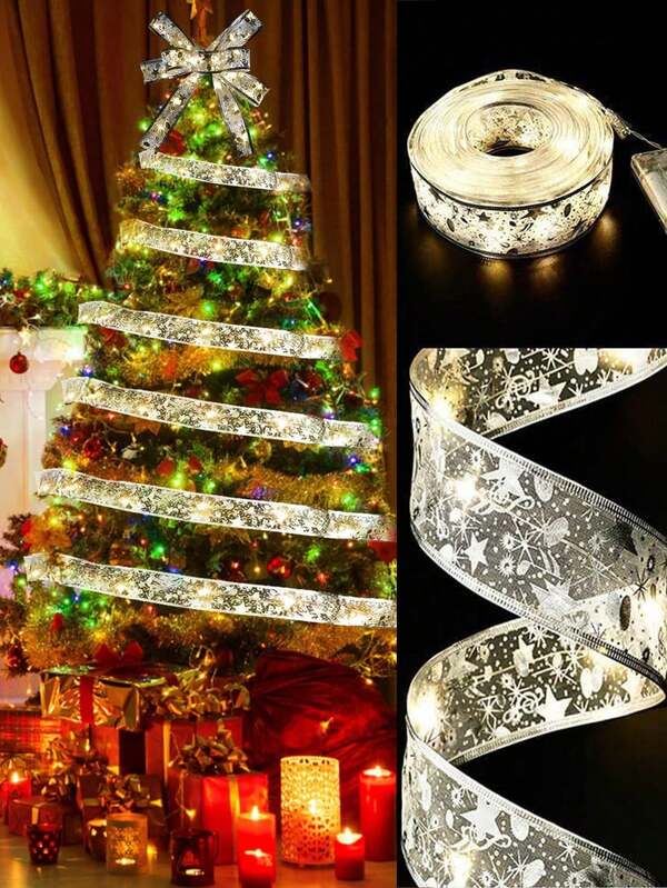 Christmas Decoration LED String Lights, Silver Ribbon Copper Wire Lights, Ribbon Warm Light String Copper Wire Lights, Christmas Tree Bow Satin Light Strip, 1m/3m/5m/10m Multiple Sizes Available