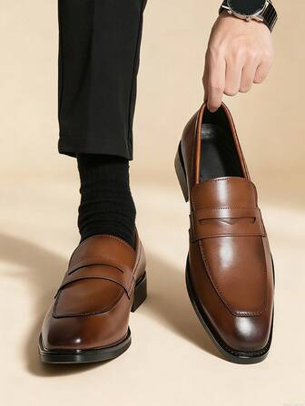 Fashionable Slip-On Penny Loafers For Men, Gentleman Leather Dress Shoes, Classic Vintage Round Toe Business Office Formal Oxfords, Soft & Comfortable, Non-Slip, Suitable For Middle-Aged, Youth, Students, Graduation, Wedding, Party, All Seasons, Big Size