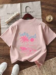 Áo thun cổ tròn tay ngắn in họa tiết nhiệt đới cho bé gái tuổi teen, mùa hè - Hồng - Xem 3
