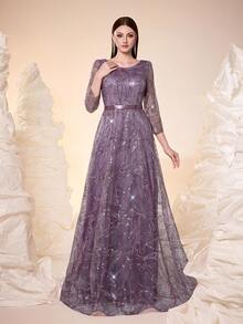 女士新款圆领亮片蕾丝腰带优雅A字晚礼服婚纱春季 - 淺灰紫 - 查看 3