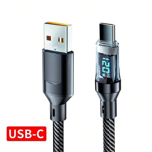 Cable de datos con pantalla LED de carga ultrarrápida de 120W, tipo C, con visualización digital en tiempo real de la potencia para cables de 15