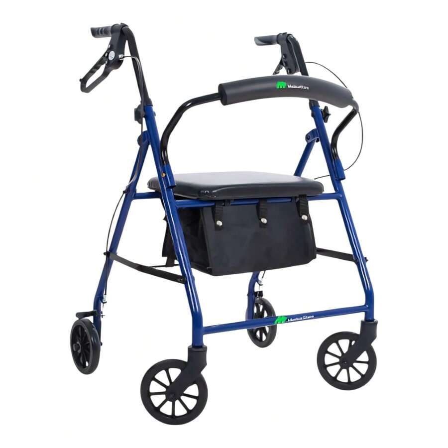 Andadera 135 KILOS Rollator Plegable Con Asiento Frenos Chicote Ruedas Giratorias Todo Terreno Adulto Altura Ajustable Respaldo Acojinado Bolsa Porta Objetos Medical Store - Azul - Ver 1