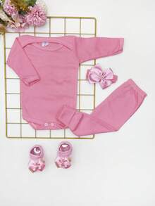 4 Piece Set Long Sleeve Bodysuit With Booties, Hairband And Ribbed Knit Pants / Baby Girl Set With Booties And Hair Bow In Bubblegum Pink - Pink - View 1