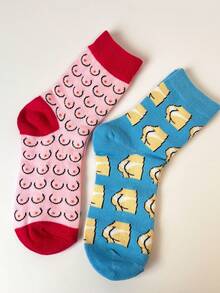 2 Pairs Blue Funny Socks, Cartoon Breathable Mid-Calf Socks, Unique Design For Women, Autumn/Winter