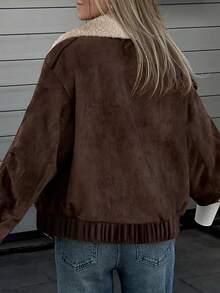 Women's Casual Retro Diagonal Zipper Faux Suede Short Jacket, Lapel Motorcycle Jacket - Brown - View 2