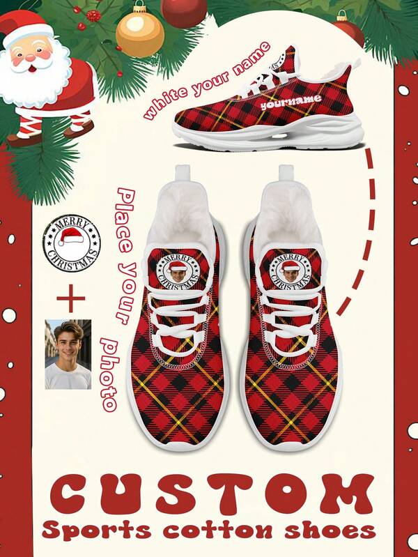 Custom Men's Christmas Plush Lining Sneakers With Personalized Photo And Name Print, Festive Santa Belt Design Cozy Shoes With Customized Photo, Lightweight Comfortable Soft Bottom Warm Sneakers For Men And Women, Gym Training Breathable Tennis Shoes, Unique Christmas Gift For Mom/Dad/Her/Him/Girlfriend/Boyfriend/Wife/Husband/Friend ﻿