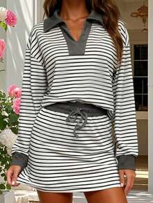 Women's Two Piece Outfit Fashionable Long Sleeve V Neck Striped Tops And Drawstring Skirt Set - Black - View 3